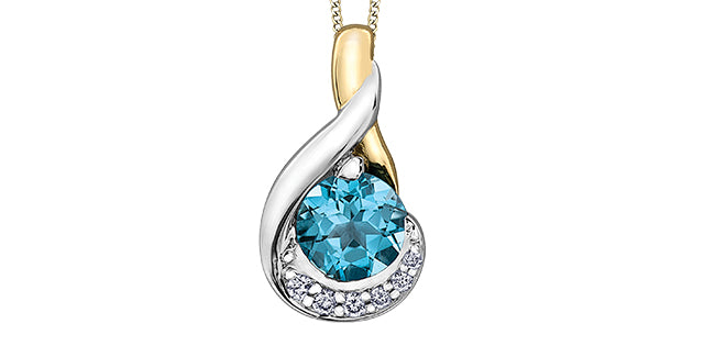 Pendant & Chain  - Natural Diamond & Blue Topaz - 10kt Yellow-White Gold | DD3129