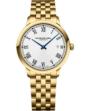 Charger l&#39;image dans la galerie, Raymond Weil Toccata Classic Men&#39;s Gold Applied Roman Numeral Indexes, Railway-Track Chapter Ring Quartz Watch | 5485-P-00359
