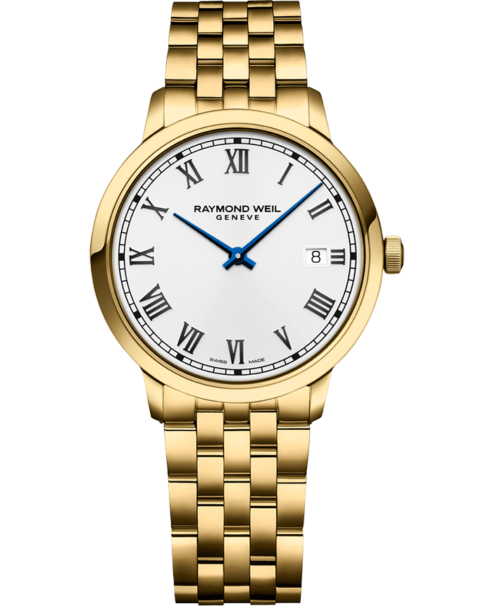 Raymond Weil Toccata Classic Men's Gold Applied Roman Numeral Indexes, Railway-Track Chapter Ring Quartz Watch | 5485-P-00359